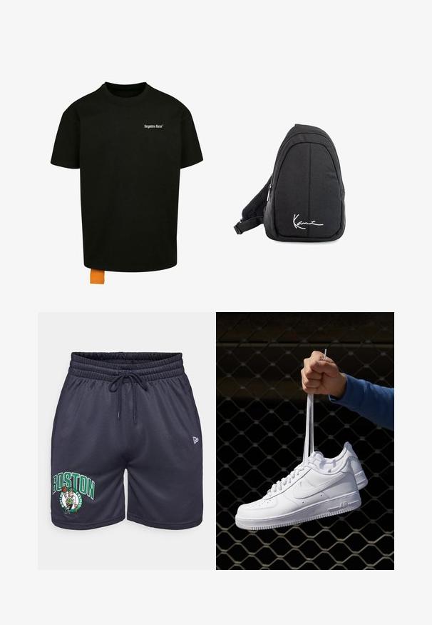 Melnas kokvilnas T-krekls ar brīvu piegriezumu, apaļu kakla izgriezumu un īsām piedurknēm. Uz krūtīm ir balts teksta logo, un apakšmalā ir oranžs uzšuves tags.; Jūras spēļu šorti ar elastīgu jostu un aukliņu. Iezīmēts ar "BOSTON" un Celtics logotipu zaļā un baltā izšuvumā.; Baltas ādas sporta apavi ar perforācijām, apaļu purngali, plakanu zoli un biezām šņorēm, ar redzamu swoosh logo un vārdu "AIR" uz papēža.; Melnas auduma siksnu mugursoma ar gludu tekstūru, ar izliekta dizaina, ar rāvējslēdzēju, un uz priekšu ir balts logo.