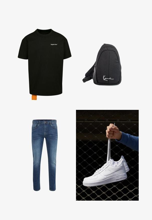 Must must T-särk, millel on lõtv lõige, ümmargune kaelus ja lühikesed varrukad. Rinnal on valge teksti logo ja hemil oranž silt.; Õhukese lõikega sinised teksapüksid keskmise pesuga, viie tasku ja kontrastse õmblusega. Varustatud nööpkinnituse ja vöölõhedega.; Valged nahast tennisetossud, millel on perforatsioonid, ümar nina, lame tallus ja paksud nöörid, nähtava swooshi logoga ja "AIR" kontsadel.; Mustmust kangas õlakott sujuva tekstuuriga, millel on kaarduv disain, tõmblukuga sektsioon ja valge logo esiküljel.