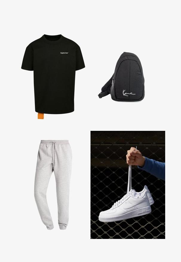 Sort bomulds t-shirt med løs pasform, rund hals og korte ærmer. Har et hvidt tekstlogo på brystet og et orange mærke i kanten.; Urban Classics BASIC SWEATPANTS - Træningsbukser - grey; Hvide lædersneakers med perforeringer, rund tå, flad sål og tykke snørebånd, med et synligt swoosh-logo og "AIR" på hælen.; Sort stof sling rygsæk med en glat overflade, som har en buet design, lynlåslomme og et hvidt logo på forsiden.