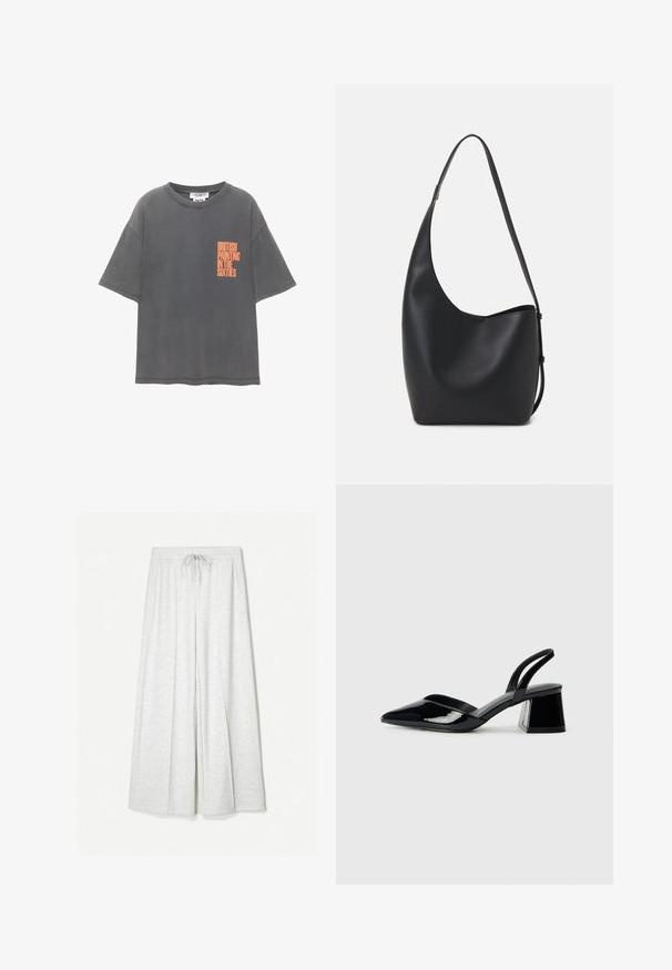 Grå oversized t-shirt lavet af bomuld, med et brystlomme grafik i orange der står "BRITISH PAINTING IN THE SIXTIES."; Lys grå vidde bukser lavet af blødt stof, der har en elastisk talje med snøre og frontlommer.; Sorte patentlæder slingback hæle med spids tå og en geometrisk blok hæl. Har et elegant, minimalistisk design og en glat tekstur.; Sort læder hobo taske med en glat overflade, buet form og en enkelt justerbar rem; har en bred åbning øverst.