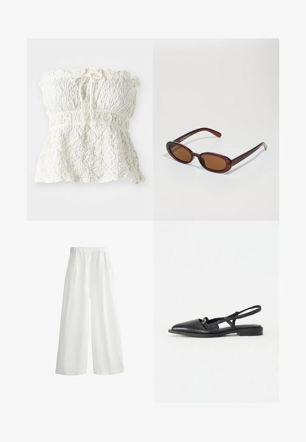 Fehér, pánt nélküli, texturált csipkéből készült felső, smockolt melltartóval és ráncolt aljjal. Nyakán masnis részlettel rendelkezik.; Fehér, bő szárú nadrág, elasztikus derékkal, elöl redőkkel és könnyű, texturált anyagból készült.; Fekete bőr pántos cipő hegyes orral, alacsony sarokkal, kivágott dizájnnal és díszes kör alakú csat részlettel.; Kerek, barna árnyalatú napszemüveg fényes burgundi kerettel. Karcsú karok diszkrét márkázással. Lapos lencse kialakítás.