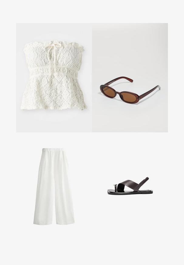 Top bianco senza spalline realizzato in pizzo testurizzato con un corpetto arricciato e un orlo arricciato. Presenta un dettaglio a fiocco sullo scollo.; Pantaloni bianchi a gamba larga con vita elasticizzata, caratterizzati da pieghe frontali e un tessuto leggero e texturizzato.; Sandali in pelle marrone con design a fascia incrociata, suola piatta e piccolo dettaglio hardware circolare. Texture liscia, stile minimalista.; Occhiali da sole rotondi con tonalità marrone, montatura lucida color bordeaux. Aste sottili con un sottile dettaglio del marchio. Design delle lenti piatte.