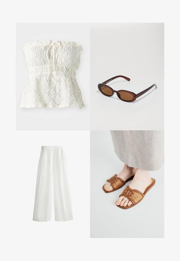 White, strapless top made of textured lace with a smocked bodice and a gathered hem. Features a tie detail at the neckline.; White, wide-leg pants with an elastic waistband, featuring front pleats and a lightweight, textured fabric.; Brown slide sandals featuring woven textile and smooth leather accents, with a flat sole and a decorated strap.; Round, brown-tinted sunglasses with a glossy burgundy frame. Slim arms with subtle branding detail. Flat lens design.
