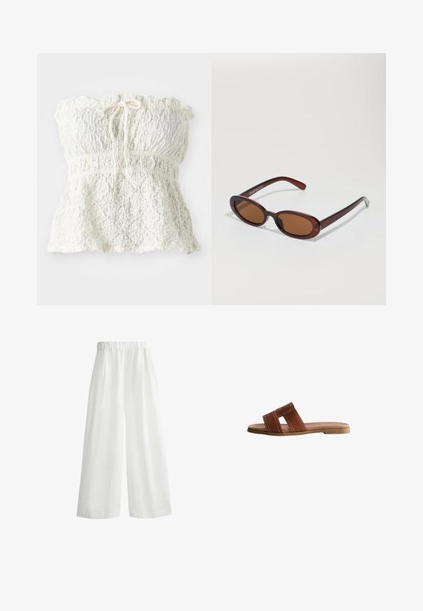 White, strapless top made of textured lace with a smocked bodice and a gathered hem. Features a tie detail at the neckline.; White, wide-leg pants with an elastic waistband, featuring front pleats and a lightweight, textured fabric.; Brown leather slide sandal with two wide straps, white stitching accents, flat rubber sole, and smooth, streamlined design.; Round, brown-tinted sunglasses with a glossy burgundy frame. Slim arms with subtle branding detail. Flat lens design.