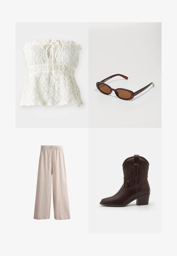 Witte, strapless top van gestructureerde kant met een gesmokt lijfje en een geplooide zoom. Heeft een strikdetail bij de halslijn.; Beige linnen wijde broek met een elastische tailleband en trekkoord. Heeft een getextureerde afwerking en een full-length ontwerp.; Bruine leren cowboylaarzen met spitse neuzen, geperste vleugelpatronen, een blokhak van gemiddelde hoogte en een lus aan de achterkant.; Ronde, bruin getinte zonnebril met een glanzend bordeauxrood frame. Slanke pootjes met subtiele merkdetails. Vlakke lensontwerp.