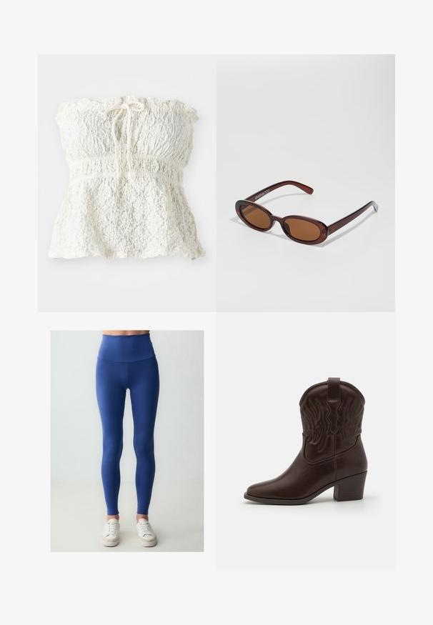 Witte, strapless top van gestructureerde kant met een gesmokt lijfje en een geplooide zoom. Heeft een strikdetail bij de halslijn.; Marineblauwe leggings met een hoge tailleband, gemaakt van rekbare stof. Gladde textuur met een aansluitend ontwerp, gecombineerd met witte sneakers.; Bruine leren cowboylaarzen met spitse neuzen, geperste vleugelpatronen, een blokhak van gemiddelde hoogte en een lus aan de achterkant.; Ronde, bruin getinte zonnebril met een glanzend bordeauxrood frame. Slanke pootjes met subtiele merkdetails. Vlakke lensontwerp.