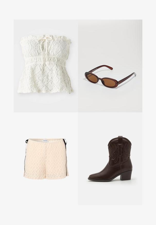 Hvit, stroppeløs topp laget av teksturert blonder med smocket liv og rynket kant. Har en knyting ved halsen.; Ferskenfargede blondebukser med elastisk midje, sidetversnøring og chevronmønster. Myk tekstur og løs passform for komfort.; Brune lær cowboy støvler med spidse tæer, prægede vinge mønstre, en midt-højde blok hæl og en træk flig bagpå.; Runde, brune solbriller med en blank burgunderfarvet ramme. Slanke arme med subtile brandingdetaljer. Flad linse design.