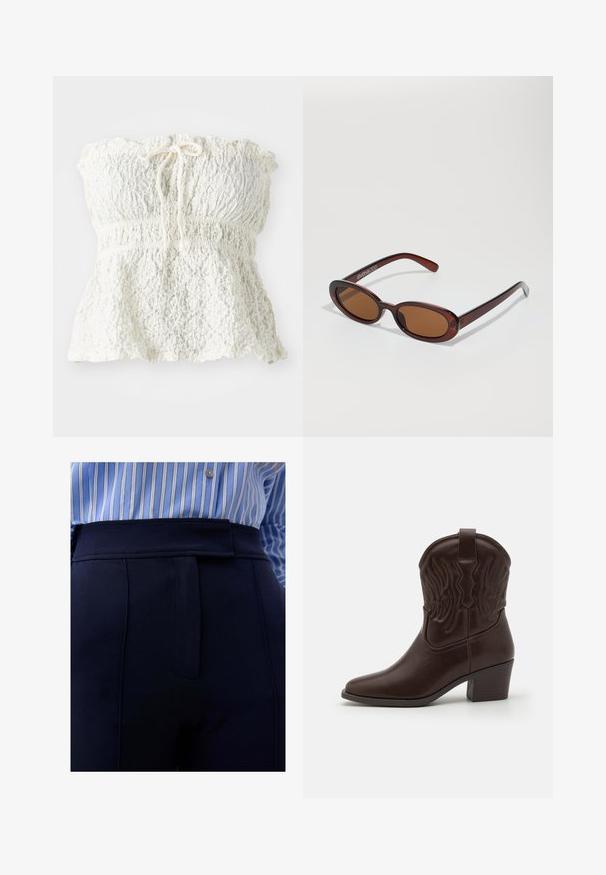 Haut blanc sans bretelles en dentelle texturée avec un corsage smocké et un ourlet froncé. Dispose d'un détail à nouer au niveau de l'encolure.; Scalpers SUN - Pantalon classique - navy; Bottes de cowboy en cuir marron avec des bouts pointus, des motifs d'ailes gaufrés, un talon bloc de hauteur intermédiaire et une languette à l'arrière.; Lunettes de soleil rondes teinte brun avec une monture bordeaux brillante. Branches fines avec un détail de marque subtil. Design de verres plats.
