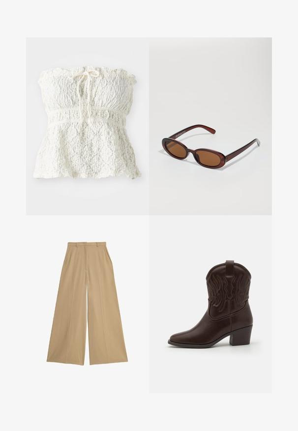 Witte, strapless top van gestructureerde kant met een gesmokt lijfje en een geplooide zoom. Heeft een strikdetail bij de halslijn.; Beige wijde broek gemaakt van een lichtgewicht stof, met twee zijzakken, een platte voorkant en een gladde textuur.; Bruine leren cowboylaarzen met spitse neuzen, geperste vleugelpatronen, een blokhak van gemiddelde hoogte en een lus aan de achterkant.; Ronde, bruin getinte zonnebril met een glanzend bordeauxrood frame. Slanke pootjes met subtiele merkdetails. Vlakke lensontwerp.