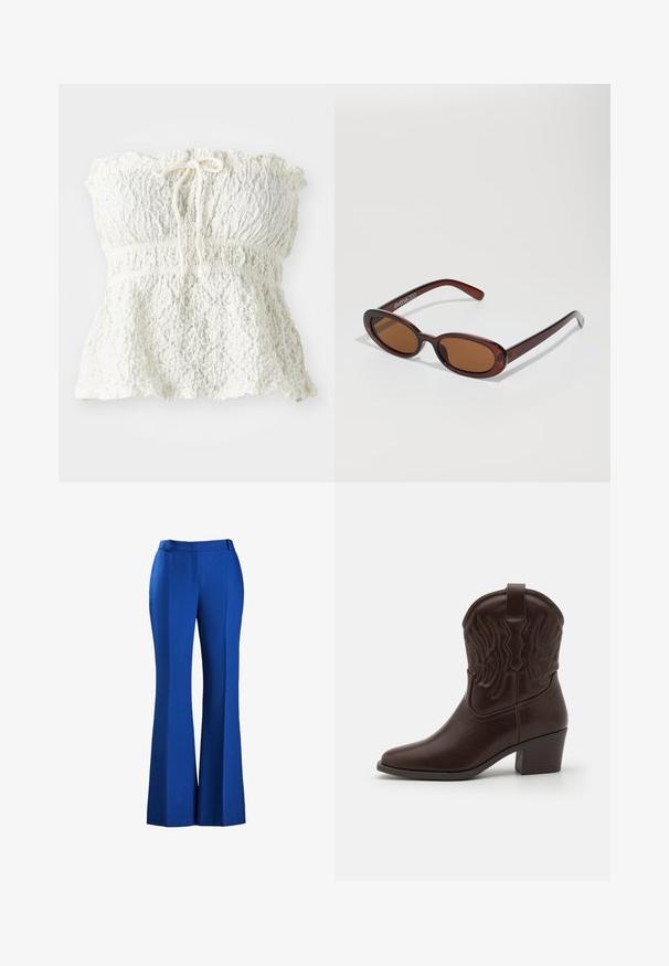 Biely top bez ramienok vyrobený z texturovanej čipky so zguľateným korzetom a nariaseným lemom. Obsahuje detail so šnúrkou na výstrihu.; Modré zvonové nohavice vyrobené z texturovanej látky, s priliehavým pásom a detailom vrúbkovania vpredu, vhodné na formálne aj neformálne nosenie.; Hnedé kožené kovbojské topánky s špicatými prstami, embosovanými vzormi krídel, stredne vysokým blokovým podpätkom a úchytom na zadnej strane.; Okrúhle slnečné okuliare s hnedým nádychom a lesklým burgundským rámom. Úzke ramená s jemným brandovaním. Plochej šošovky dizajn.