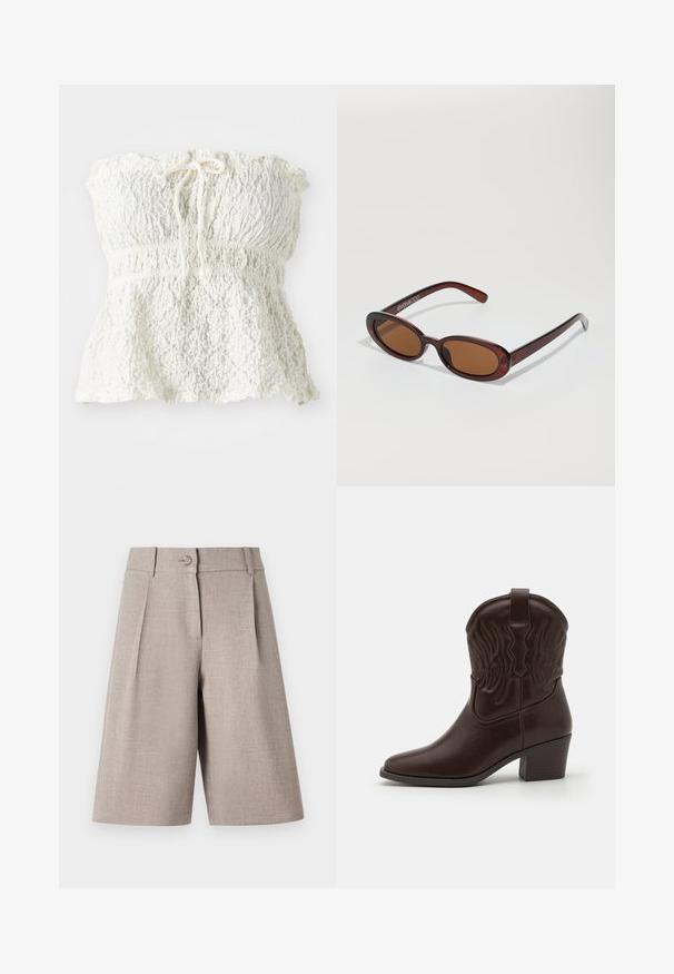 Valge, õlavööta pealmine osa, mis on valmistatud tekstuurse pitsiga, smockitud esiotsa ja volditud kraega. Kaela piirkonnas on lipsu detail.; Bežid õmblusteta lühikesed püksid voldikute ja nööbiga kinnituse ning sileda tekstuuriga, mis on loodud esteetiliseks ja kaasaegseks siluetiks.; Pruunist nahast cowboy saapad, millel on teravad varbad, reljeefsed tiivamustrid, kesk kõrguses plokk konts ja tõmbenupp taga.; Ümar, pruunikased päikeseprillid läikiva burgundia raami ja peente kaubamärgi detailidega. Peened sangad ja lame läätsedesain.