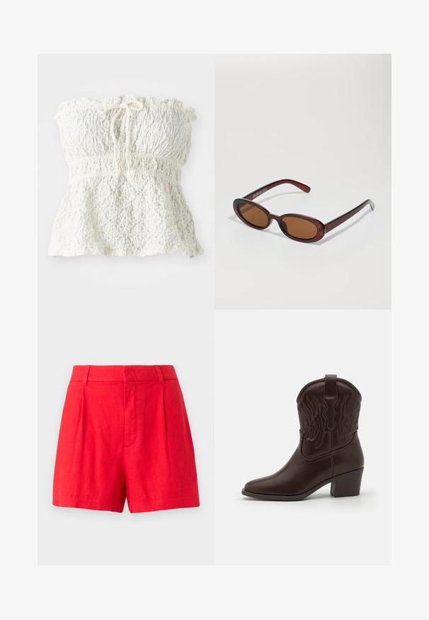 Top branco, sem alças, feito de rendas texturizadas com um corpete franzido e uma bainha franzida. Apresenta um detalhe de laço na gola.; Calções de linho vermelhos com um design elegante, apresentando pregas, uma textura suave e uma cintura de altura média.; Botas de cowboy em couro castanho, com biqueira pontiaguda, padrões em relevo de asas, um salto médio em bloco e uma aba na parte de trás.; Óculos de sol redondos, com uma tonalidade castanha e uma armação glossy em bordeaux. Braços finos com um detalhe discreto de marca. Design de lentes planas.