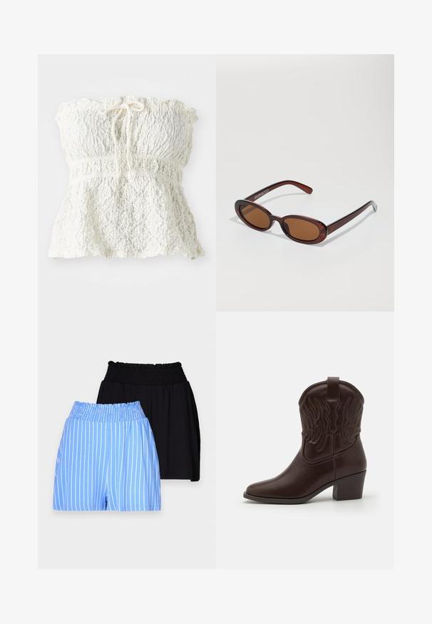 Fehér, pánt nélküli, texturált csipkéből készült felső, smockolt melltartóval és ráncolt aljjal. Nyakán masnis részlettel rendelkezik.; Két pár rugalmas derekú sort: az egyik világoskék, fehér függőleges csíkokkal, a másik egyszínű fekete. Mindkettő puha anyagból készült.; Barna bőr cowboy csizmák, hegyes orral, domború szárny mintákkal, közepes magasságú blokksarkakkal és hátsó húzófüllel.; Kerek, barna árnyalatú napszemüveg fényes burgundi kerettel. Karcsú karok diszkrét márkázással. Lapos lencse kialakítás.