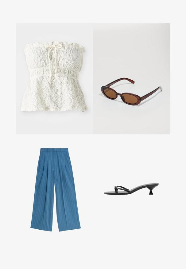 Biały, bezramionowy top wykonany z teksturowanej koronką, z marszczonym topem i zebranym dołem. Posiada detal w postaci wiązania przy dekolcie.; Niebieskie spodnie szerokie w nogawkach z pionowymi białymi paskami, z przodu z zakładkami i bocznymi kieszeniami, wykonane z gładkiego materiału.; Czarne sandały na obcasie z wyglądem minimalistycznym, cienkimi paskami i unikalnym trójkątnym obcasem. Gładka tekstura i prosty design.; Okrągłe, brązowe okulary przeciwsłoneczne z błyszczącą bordową oprawą. Cienkie ramiona z subtelnym detalem marki. Płaski kształt soczewek.