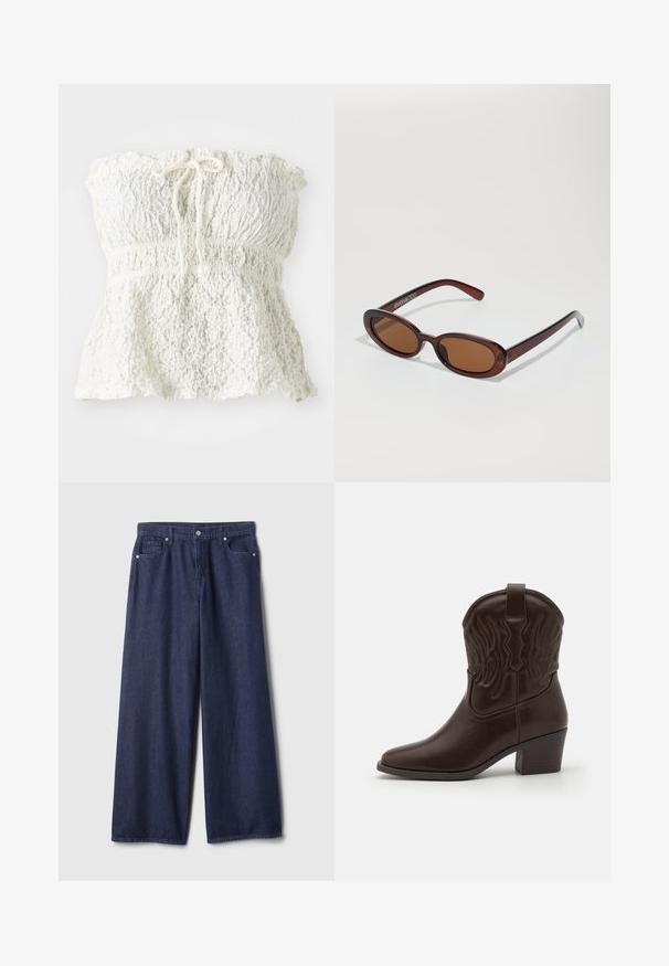 Biely top bez ramienok vyrobený z texturovanej čipky so zguľateným korzetom a nariaseným lemom. Obsahuje detail so šnúrkou na výstrihu.; Džínsy s širokými nohavicami v tmavomodrej farbe s hladkou textúrou, dizajnom s piatimi vreckami, kovovým gombíkom na zapínanie a prešívanými detailmi pozdĺž švov.; Hnedé kožené kovbojské topánky s špicatými prstami, embosovanými vzormi krídel, stredne vysokým blokovým podpätkom a úchytom na zadnej strane.; Okrúhle slnečné okuliare s hnedým nádychom a lesklým burgundským rámom. Úzke ramená s jemným brandovaním. Plochej šošovky dizajn.