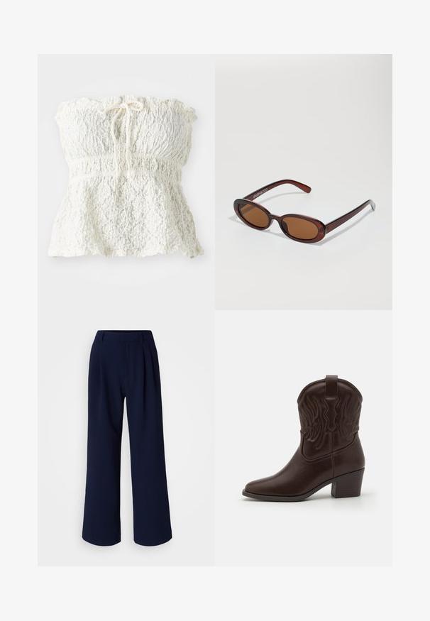 Top branco, sem alças, feito de rendas texturizadas com um corpete franzido e uma bainha franzida. Apresenta um detalhe de laço na gola.; Calças de perna larga em azul marinho escuro, com pregas na frente, tecido suave e um cós clássico. Sem bolsos ou detalhes visíveis.; Botas de cowboy em couro castanho, com biqueira pontiaguda, padrões em relevo de asas, um salto médio em bloco e uma aba na parte de trás.; Óculos de sol redondos, com uma tonalidade castanha e uma armação glossy em bordeaux. Braços finos com um detalhe discreto de marca. Design de lentes planas.