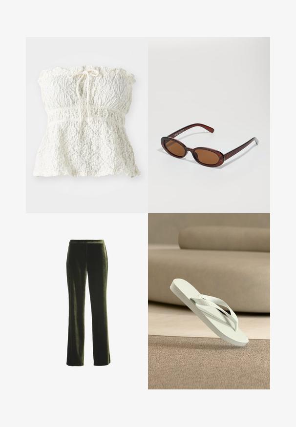 Bijela, bez naramenica, bluzica od teksturirane čipke s smockom na tijelu i naboranim donjim dijelom. Sadrži detalj vezivanja na dekolteu.; Tamnozelene baršunaste hlače ravnog kroja s elastičnim pojasom, prikazane ravno na bijeloj pozadini.; Svijetlozelena gumenasta japanka s teksturiranim potplatom i tankim remenčićima, uzdignuta iznad meke pozadine u neutralnim tonovima.; Okvir okruglih, smeđkastih sunčanih naočala s sjajnim burgundskim okvirom. Uski nositelji s suptilnim brendiranjem. Ravna leća.