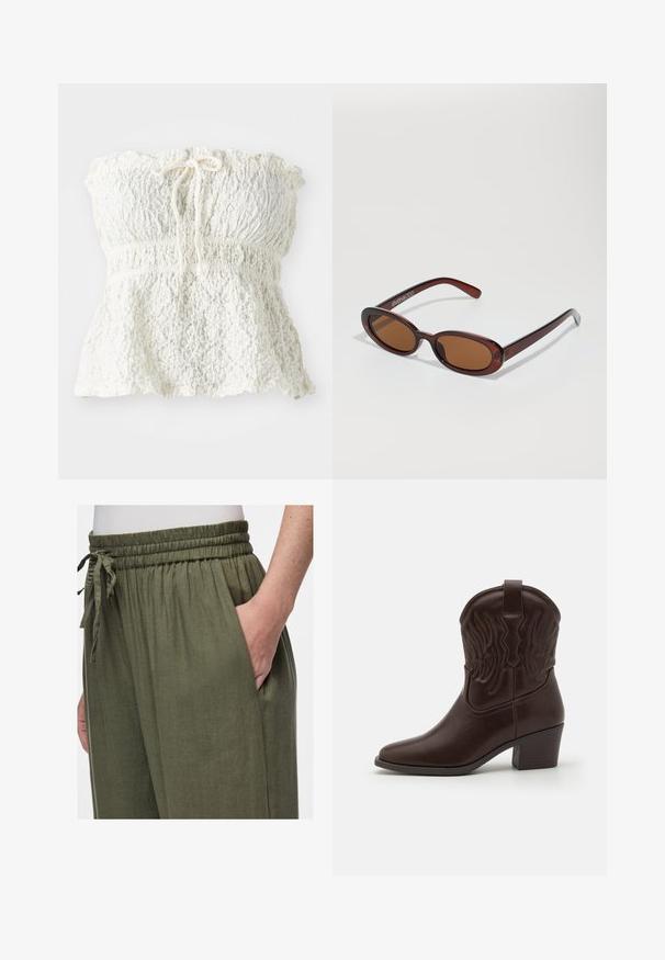 Valge, õlavööta pealmine osa, mis on valmistatud tekstuurse pitsiga, smockitud esiotsa ja volditud kraega. Kaela piirkonnas on lipsu detail.; Oliivrohelised, kerge linane püksid elastse vöökoha ja nööriga. Omavad küljetaskut ja lahedat lõiget.; Pruunist nahast cowboy saapad, millel on teravad varbad, reljeefsed tiivamustrid, kesk kõrguses plokk konts ja tõmbenupp taga.; Ümar, pruunikased päikeseprillid läikiva burgundia raami ja peente kaubamärgi detailidega. Peened sangad ja lame läätsedesain.