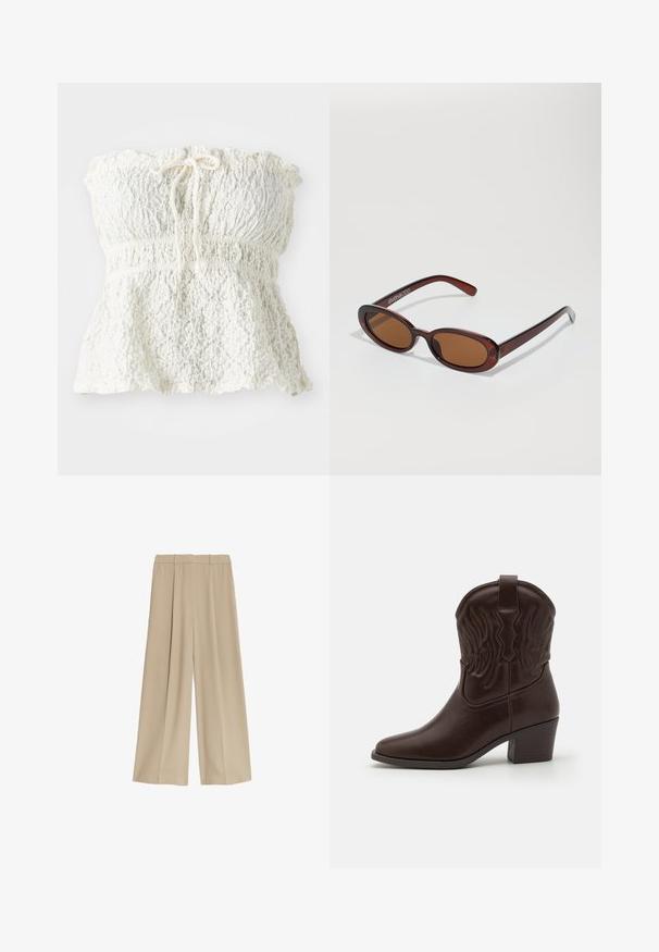 Hvid, stropløs top lavet af struktureret blonde med en smocket barm og en rynket kant. Har en bindedetalje ved halsen.; Beige bukser med vid benvidde og en glat tekstur, udstyret med to sidelommer og en flad front linning, designet til en afslappet pasform.; Brune læder cowboystøvler med spidse tæer, præget vinge mønster, en midhøj blokhæl og en pull-tab bagpå.; Runde, bruntonede solbriller med en glansfuld bordeauxramme. Slanke arme med diskret brandingdetalje. Flad linsedesign.