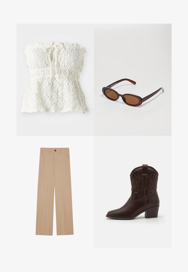 Hvit, stroppeløs topp laget av teksturert blonder med smocket liv og rynket kant. Har en knyting ved halsen.; Beige vide bukser med en glat tekstur, med to sidelommer, en frontlukning med knap og subtile plisseringer for ekstra detaljer.; Brune lær cowboy støvler med spidse tæer, prægede vinge mønstre, en midt-højde blok hæl og en træk flig bagpå.; Runde, brune solbriller med en blank burgunderfarvet ramme. Slanke arme med subtile brandingdetaljer. Flad linse design.