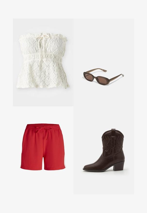 Bela, brez naramnic, zgornji del iz teksturirane čipke z nabranim pasom in zbranim robom. Ima tudi vezi na vratu.; Rdeče športne kratke hlače iz lahkega materiala, z elastičnem pasom z zategovanjem in belimi stranskimi poudarki.; Rjave usnjene kavbojske škornje z izostrenimi prsti, okrašenimi z embosiranimi vzorci ptičjih kril, srednje visokim blokastim petam in zanka za pomoč pri obuvanju na zadnji strani.; Rjave ovalne sončne naočare s temnimi lečami. Obloge so narejene iz prozorne rjave materiale in imajo na templjih natisnjeno logo.