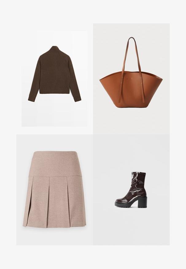 Brązowy, prążkowany sweter z długimi rękawami i wysokim kołnierzem, pokazany z tyłu na białym tle.; Plisowana spódnica z miękkiego beżowego materiału z gładką talią, charakteryzująca się fakturowanym, lekkim materiałem i prostym wykończeniem dołu.; Błyszczące bordowe botki za kostkę z masywną czarną obcasem, charakteryzujące się gładką teksturą i prostym wzornictwem. Brak widocznych zapięć lub wzorów.; Brązowa skórzana torba tote o szerokim, usztywnionym kształcie, cienkich uchwytach i teksturowanym wykończeniu. Charakteryzuje się minimalistycznym designem bez widocznych elementów metalowych.