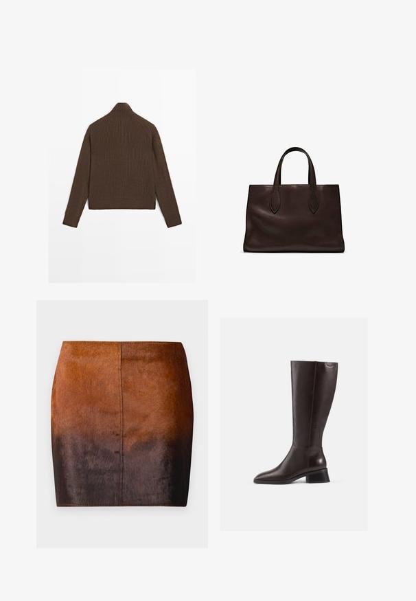 Pull en maille côtelée marron avec des manches longues et un col haut, présenté de dos sur fond blanc.; Jupe mini dégradé brun en matériau doux, présentant une texture lisse, une silhouette ajustée et des coutures précises le long des bords.; Bottes en cuir marron arrivant au genou avec une finition lisse, bout rond et un talon empilé noir. Design simple avec des détails matériels minimaux.; Sac tote en cuir marron avec deux poignées allongées, forme rectangulaire structurée, texture lisse et détails de couture subtils.