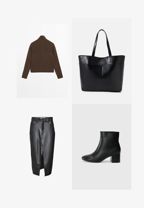 Brown ribbed knit sweater with long sleeves and a high neck, shown from the back on a white background.; Black leather skirt with a mid-length design, featuring a front slit, classic belt loops, and stitched detailing along the seams.; Black leather ankle boots with a pointed toe and a chunky heel. Smooth texture with minimal accents and a sleek, fitted design.; Black leather tote bag with two long handles, a smooth texture, and a structured shape. Features a front pocket for additional storage.