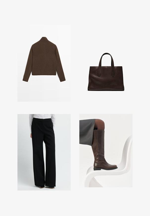 Brown ribbed knit sweater with long sleeves and a high neck, shown from the back on a white background.; Person wearing wide-leg black trousers, white shirt, and black heeled shoes, standing against a plain light background.; Brown leather knee-high boot with a rounded toe, smooth texture, and minimal stitching details, set against a light background on a white chair.; Brown leather tote bag with two elongated handles, structured rectangular shape, smooth texture, and subtle stitching details.