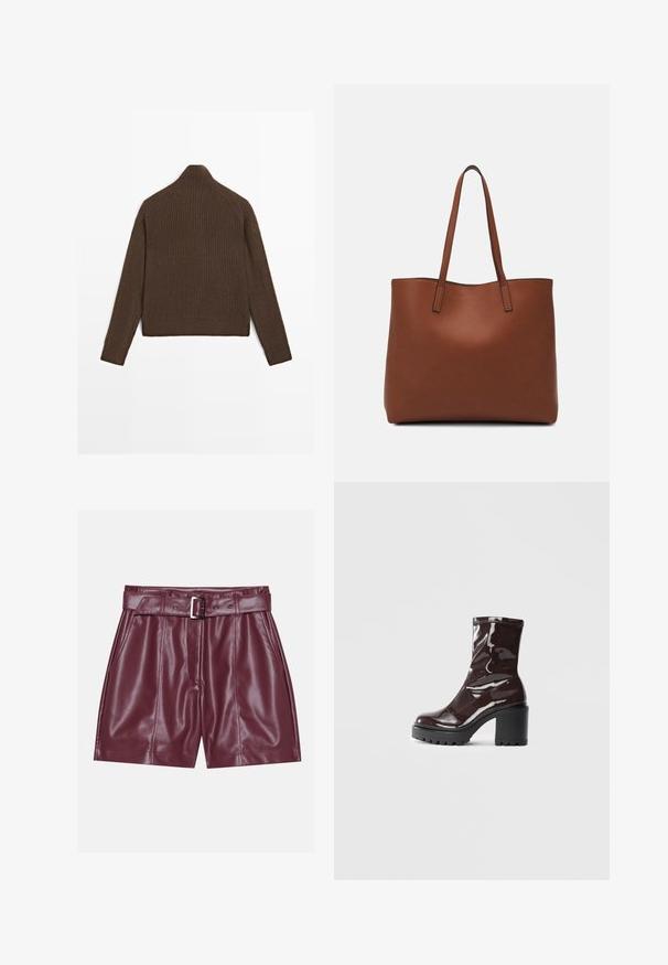 Brązowy, prążkowany sweter z długimi rękawami i wysokim kołnierzem, pokazany z tyłu na białym tle.; Burgundowe szorty z sztucznej skóry z szerokim paskiem w talii, paskiem z metalową klamrą w kolorze srebrnym oraz fałdami z przodu, które zapewniają luźny krój.; Błyszczące bordowe botki za kostkę z masywną czarną obcasem, charakteryzujące się gładką teksturą i prostym wzornictwem. Brak widocznych zapięć lub wzorów.; Brązowa skórzana torba tote o gładkiej fakturze, z otwartym wierzchem i dwoma ramiączkami. Charakteryzuje się minimalnym przeszyciem i brakiem widocznych elementów metalowych.