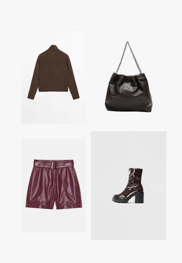 Brązowy, prążkowany sweter z długimi rękawami i wysokim kołnierzem, pokazany z tyłu na białym tle.; Burgundowe szorty z sztucznej skóry z szerokim paskiem w talii, paskiem z metalową klamrą w kolorze srebrnym oraz fałdami z przodu, które zapewniają luźny krój.; Błyszczące bordowe botki za kostkę z masywną czarną obcasem, charakteryzujące się gładką teksturą i prostym wzornictwem. Brak widocznych zapięć lub wzorów.; Brązowa skórzana torba z marszczonym szczytem i łańcuszkowym paskiem. Gładka tekstura z błyszczącym wykończeniem i subtelnymi detalami szwów po bokach.