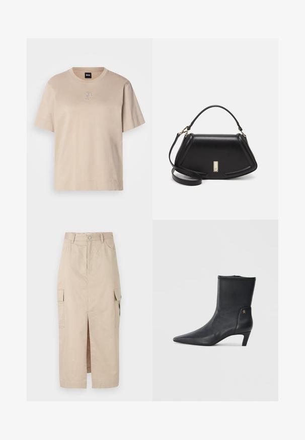 Beez värvi lühikeste varrukatega puuvillane T-särk, ringkrae ja väikese tikitud kattuva "B" logoga keskosa esiküljel.; Beige kauboi seelik, mis on valmistatud puuvillast, sisaldab esiselga, külgedel on plekikohad ja vöökoha nupplukku. Ühtlane tekstuur kogu ulatuses.; Mustad musta nahast pahkluusaapad, millel on terav nina ja madal konts. Omab siledat tekstuuri ja väikest kuldset logo detaili küljel.; Must mustrist käekott, millel on struktureeritud disain, lühendatud kuju, ülemine käepide ja kuldne metallist detail. Reguleeritav õlalihm on kaasas.