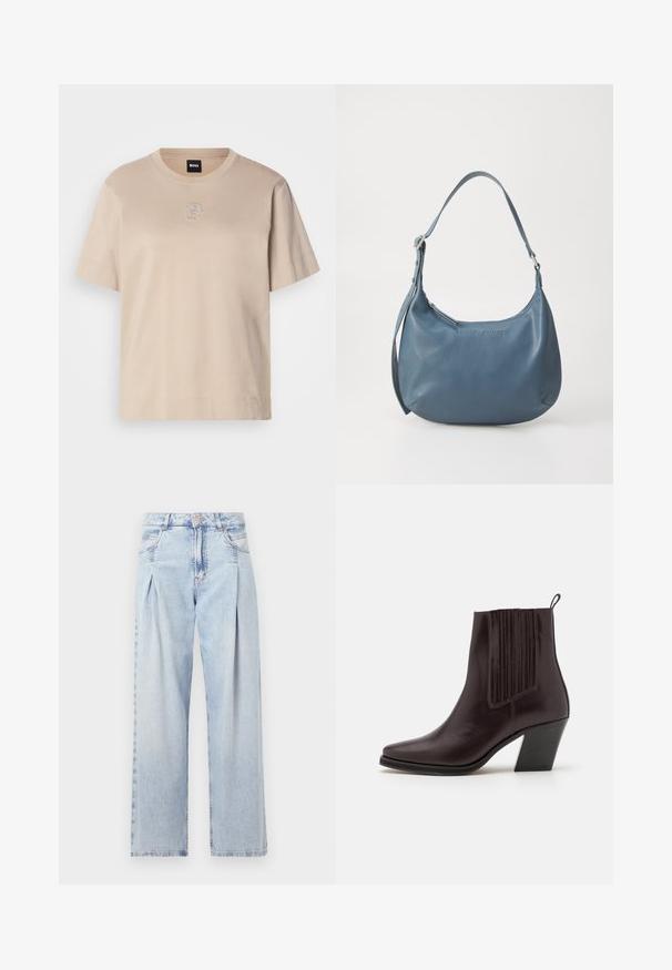 Bež majica od pamuka s kratkim rukavima i okruglim izrezom, s malim izvezenim preklopnim logotipom "B" u sredini sprijeda.; Svijetloplavi traperice s visokim strukom, širokim krojem, dva bočna džepa i naboranim dizajnom. Mekana tekstura s izblijedjelim završetkom.; Tamno smeđe kožne gležnjače s ispicanim vrhom, vertikalnim rebrastim detaljima sa strane i srednje visokim blok petama.; Plava kožna torba u obliku kruške, s jednim remenom za rame, zatvaranjem na patentni zatvarač i utisnutim nazivom brenda sprijeda. Glatka tekstura.