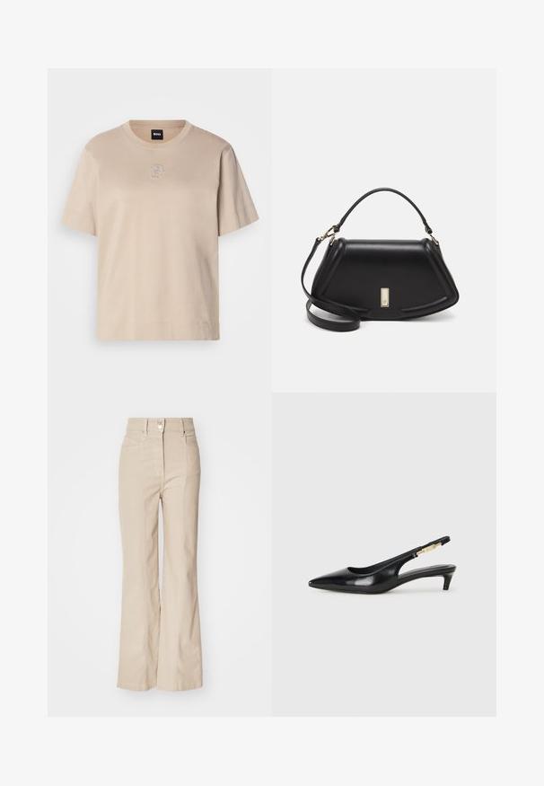 Tricou scurt din bumbac bej, cu mânecă scurtă, guler rotund și un mic logo brodat suprapus cu litera "B" în mijlocul frontului.; Pantaloni bej din bumbac cu talie înaltă și flared, cu buzunare frontale, fermoar și un detaliu cu nasture argintiu la talie.; Sandale slingback din piele neagră cu vârf ascuțit, având un toc subțire și un accent de culoare aurie pe curea ajustabilă. Textură netedă.; Geantă de umăr din piele neagră, cu un design structurat, având o formă tăiată, mânere superioare și accente din aur. Include o curea de umăr ajustabilă.