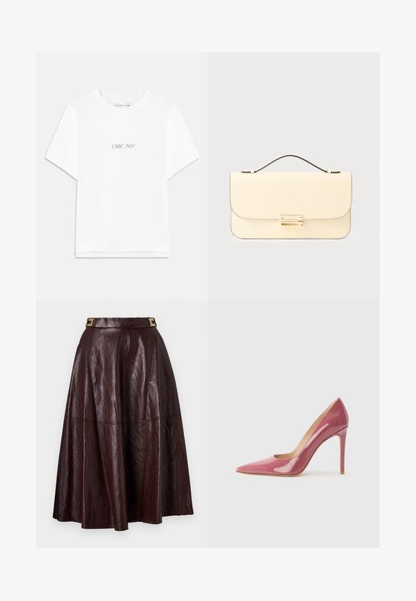 Balta medvilninė marškinėliai trumpomis rankovėmis ir tiesiu hemu. Centre juodu tekstu rašoma „CHIC, NE?“. Klasikinio apvalaus kaklo dizainas.; Ruda odinė midi sijonas su aukštu juosmeniu, auksiniu sagties akcentu ir laisvai krintančia siluetu, turinčiu siūlių linijas struktūrai.; Rožinės plastikinių odos aukštakulnės bateliai su smailiu pirštu ir elegantiška siluetu, turintys išpjovą detalę ir stiletą kulną.; Kremo spalvos odinė rankinė su viršutine rankena ir auksinės spalvos stačiakampiu užsegimu ant paprastos šviesios fono.
