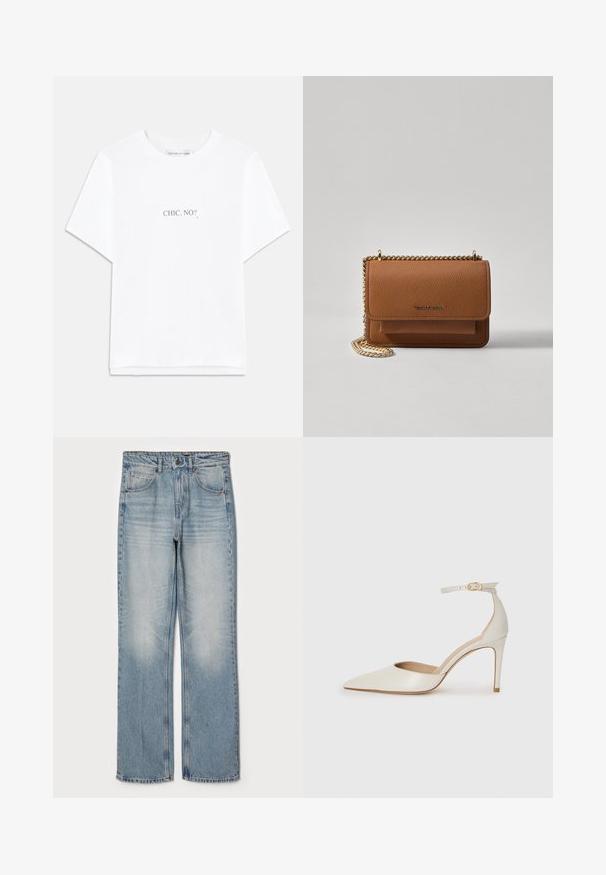 T-shirt branca de algodão com mangas curtas e bainha reta. Texto centralizado em preto que diz "CHIC, NÃO?". Design clássico de decote redondo.; Jeans de denim azul claro com corte straight, apresentando uma cintura alta, design de cinco bolsos e desbotamento subtil nas coxas e joelhos.; Sapato de salto alto em pele branca com biqueira pontiaguda, faixa no tornozelo e um salto fino de stiletto. Textura suave com um leve acabamento brilhante.; Bolsa crossbody de couro texturizado castanho com alça de corrente dourada e fecho com aba. A parte da frente apresenta detalhe do logótipo e um bolso sob a aba.