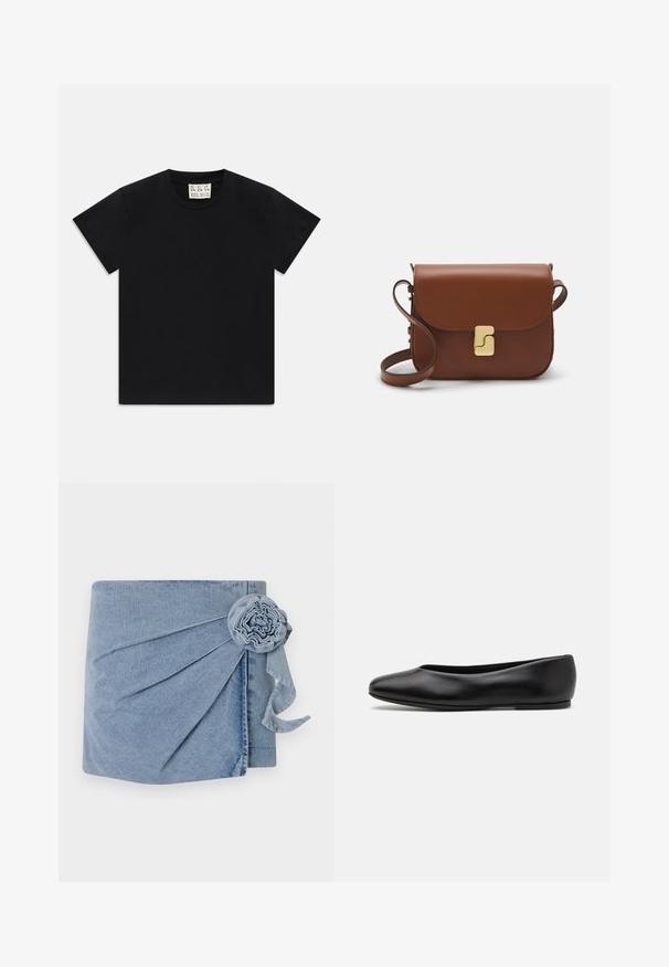 Černé tričko s krátkým rukávem a kulatým výstřihem s bílou cedulkou uvnitř límce s nápisem "D.R.C. EST. 2002" na bílém pozadí.; Denimový obal v jemně modré barvě, s propracovaným nařasením a dekorativním květinovým akcentem s voláním stuhou. Měkká textura a ležérní design.; Paul Smith TOPANGA - Klasické baleríny - black; Hnědá kožená kabelka s klopou, zlatými kovovými detaily, ramenním popruhem a hladkým povrchem. Kompaktní obdélníkový tvar.