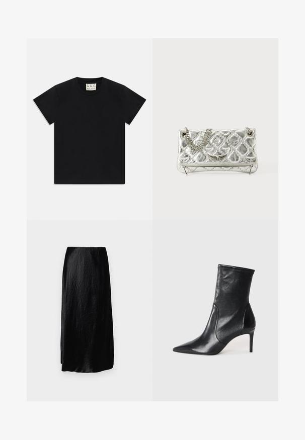 T-shirt noir à manches courtes avec col rond, portant une étiquette blanche à l'intérieur du col étiquetée "D.R.C. EST. 2002" sur fond blanc.; Max Mara Leisure ALESSIO - Jupe trapèze - nero; Bottes noires à la cheville en cuir lisse, dotées d'un bout pointu, d'un tige ajustée et d'un talon haut fin. Design minimaliste sans quincaillerie visible.; Sac à main en métal argenté avec une poignée en chaîne, texture matelassée, couture décorative et fermeture éclair. Présente des accents embossés sur le devant.