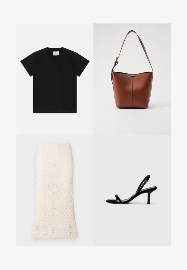 T-shirt noir à manches courtes avec col rond, portant une étiquette blanche à l'intérieur du col étiquetée "D.R.C. EST. 2002" sur fond blanc.; Jupe midi en dentelle couleur crème avec un motif de crochet floral, ourlet ondulé et silhouette ajustée. Tissu texturé et léger.; Une sandale à talons hauts pour femmes en daim noir avec des lanières fines et une boucle dorée sur fond blanc, vue de côté.; Sac à épaule en cuir marron avec une forme courbée, texture lisse et une seule sangle fine. Présente une couture subtile et un petit logo.