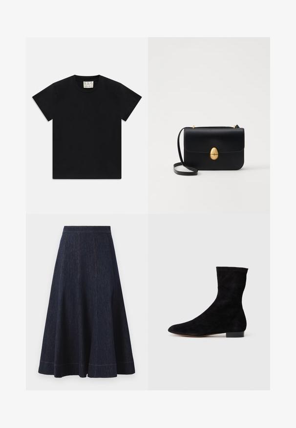 Must valge lühikeste varrukatega T-särk ümarast kaelusest mustal taustal, mille krae sees on valge silt, kus on kirjas "D.R.C. EST. 2002".; Tume sinine teksaseelik, millel on laiendatud siluett, vertikaalsed õmblusdetailid ja kontrastne oranž tikand ääres.; Musthave mustan nahast pahkluu saabas, millel on kitsas vars, terav nina ja madal plokk-konts. Pehme tekstuur ja minimalistlik disain, sobib mitmekesiseks stiliseerimiseks.; Must kase nahast käekott, millel on struktureeritud ristkülikukujuline kuju. Omab kuldset ovaalset lukku ja õhukest õlavarre rihma. Sile tekstuur.