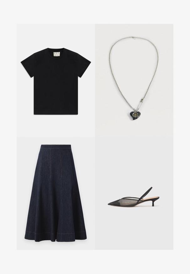 Camiseta preta de manga curta com decote redondo e uma etiqueta branca dentro do colarinho rotulada "D.R.C. EST. 2002" sobre um fundo branco.; Saia de denim azul escuro com uma silhueta rodada, apresentando detalhes de costura vertical e uma costura laranja contrastante ao longo da bainha.; NEOUS IRENA - Saltos clássicos - black; Colar de corrente de prata com um pendente preto em forma de coração, com detalhes dourados e um alfinete de segurança brilhante preso perto do pendente.