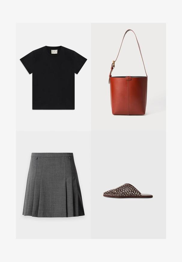 Svart t-shirt med kort ärm och rund halsringning, med en vit etikett i kragen som säger "D.R.C. EST. 2002", på vit bakgrund.; Grå plisserad kjol med en figurnära midjeband, tillverkad av ett slätt, medeltjockt tyg.; Brun vävd slide sandal med rund tå, öppen design, platt sula och texturerad yta. Lätt material och minimalistisk silhuett.; Brun läderhinkväska med justerbar axelrem och guldtonad spänne, enkel vertikal sömdetalj på framsidan.