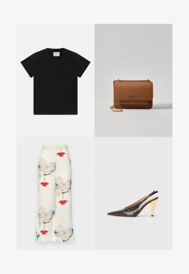 Black short-sleeve crew neck t-shirt with a white tag inside the collar labeled "D.R.C. EST. 2002" on a white background.; White fabric trousers featuring a floral pattern with large white flowers and red lips, smooth texture, and a tailored straight-leg design.; Pointed-toe slingback heel in dark brown glossy faux crocodile leather. Features a gold-tone geometric heel and adjustable ankle strap.; Brown textured leather crossbody bag with gold chain strap and flap closure. Front features logo detail and a pocket under the flap.