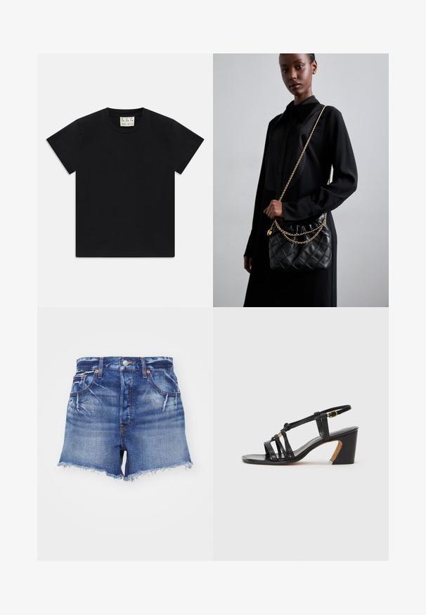 Zwarte t-shirt met korte mouwen en ronde hals met een wit label binnen in de kraag, waarop "D.R.C. EST. 2002" staat, tegen een witte achtergrond.; RE/DONE LOW SLUNG - Jeansshort - lightning; Paul Smith AMIRA - Klassieke pumps - black; Zwarte gewatteerde leren handtas met een gathered bovenkant, gouden kettinghengsel en een rechthoekige vorm, vastgehouden tegen een effen achtergrond.