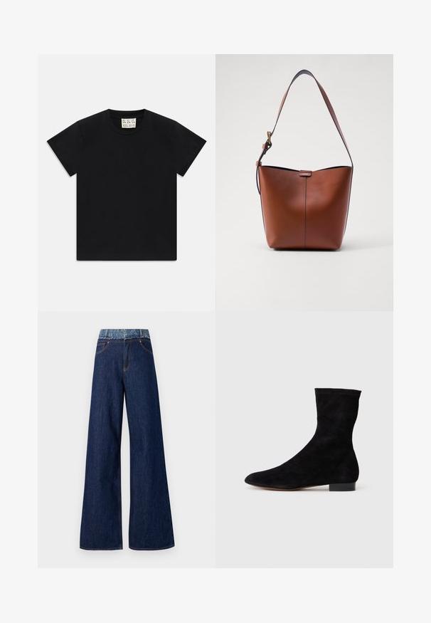 Musta lyhythihainen pyöreäkauluksinen t-paita, jonka sisäkauluksessa on valkoinen etiketti, jossa lukee "D.R.C. EST. 2002" valkoista taustaa vasten.; Valkoinen lahja farkut tummansinisestä denimistä, joissa on korkea vyötärö, näkyvät ompeleet ja kaksi etutaskua. Siisti helma ilman lisäkoristeita.; Mustang-mustaviinan nilkkuri, jossa on tiukka varsi, terävä kärki ja matala lohkoiltu korko. Sileä pinta ja minimalistinen muotoilu, sopii monenlaiseen tyyliin.; Kahvinahkainen olkalaukku, jossa on kaareva muoto, sileä pinta ja yksi ohut hihna. Sisältää hienovaraisen sauman ja pienen logotarkin.