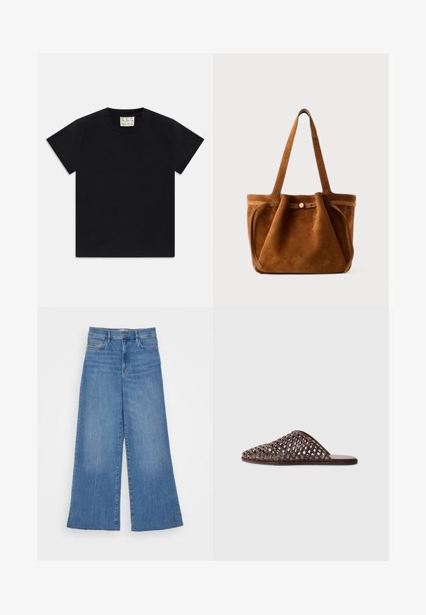 Black short-sleeve crew neck t-shirt with a white tag inside the collar labeled "D.R.C. EST. 2002" on a white background.; FRAME PALAZZO RAW FRAY - Wide Leg - clearwater; Brown woven slide sandal with a rounded toe, open design, flat sole, and textured surface. Lightweight material and minimalist silhouette.; Brown suede tote bag with dual handles, a button closure strap, and a relaxed, slightly slouchy shape.