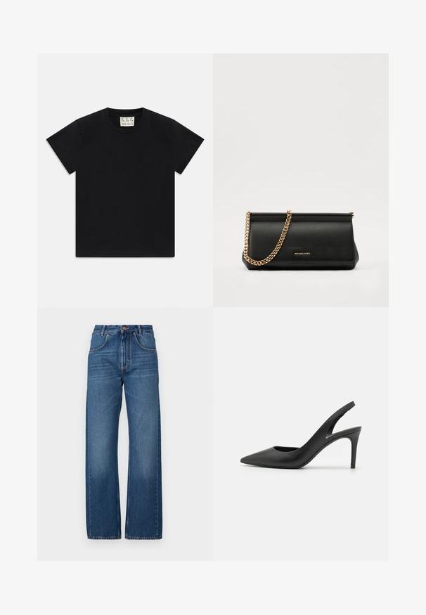 Czarny t-shirt z krótkim rękawem i okrągłym dekoltem, z białą metką wewnątrz kołnierza oznaczoną "D.R.C. EST. 2002" na białym tle.; Jeansy z wysokim stanem i szerokimi nogawkami w ciemnoniebieskim dżinsie. Posiadają widoczne szwy, dwie przednie kieszenie oraz pojedyncze zapięcie na guzik w talii.; Czarne skórzane sandały na obcasie z noskiem w szpic, z wycięciem z przodu i cienkim obcasem typu stiletto.; Czarna skórzana kopertówka z złotym łańcuszkiem, charakteryzująca się gładką fakturą, prostokątnym kształtem i wytłoczonym logo z przodu.