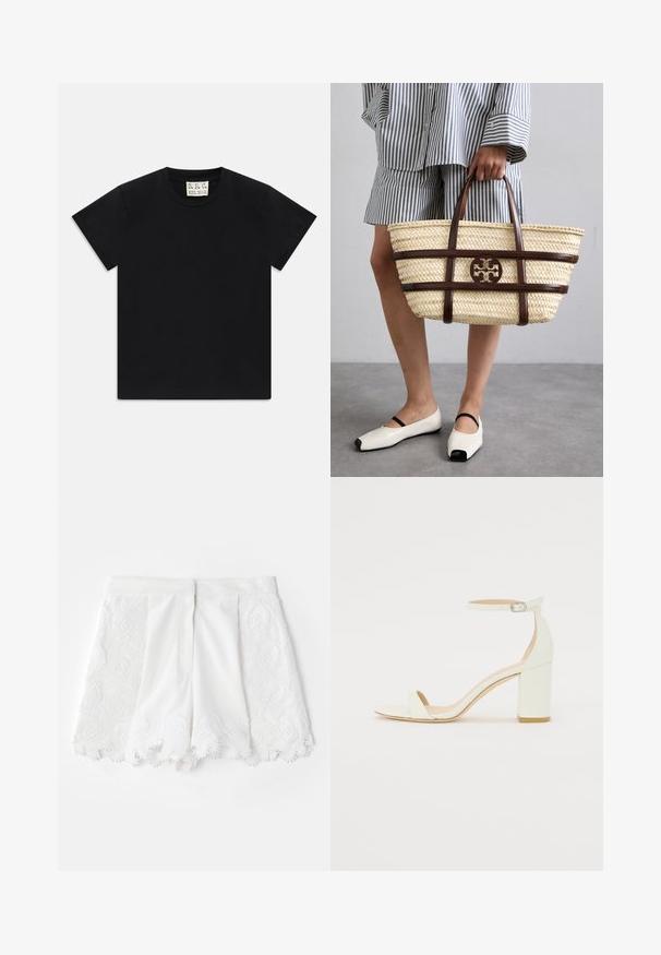 Must valge lühikeste varrukatega T-särk ümarast kaelusest mustal taustal, mille krae sees on valge silt, kus on kirjas "D.R.C. EST. 2002".; Valged lühikesed püksid, millel on tekstuuriga tikandiga disain külgedel ja laineline äär. Sile kangas koos dekoratiivsete helmesi nüanssidega.; Valge nahast takjakandiga sandaal, millel on kinnitusrihm ja minimalistlik disain. Avatud varvastes ja sileda pinnaga.; Kootud õlgedest kott pruuni nahast aktsentide ja käepidemedega. Omab lõigatud logo ja kontrastseid horisontaalriba.