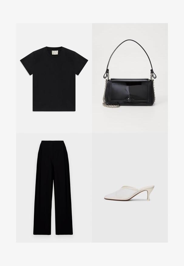 Čierne tričko s krátkym rukávom a okrúhlym výstrihom s bielou štítkom vo vnútri goliera označeným "D.R.C. EST. 2002" na bielom pozadí.; Široké čierne nohavice s vysokým pásom, s hladkou textúrou a čistými líniami. Žiadne viditeľné zapínanie ani vzory.; Biele sieťované lodičky s špicatou špičkou, s úzkym stredne vysokým podpätkom a bez zapínania, na jednobodovom pozadí.; Čierna laková kožená kabelka s obdĺžnikovým tvarom, reťazovým popruhom a výrazným hardvérovým prvkom v strede. Hladká textúra.