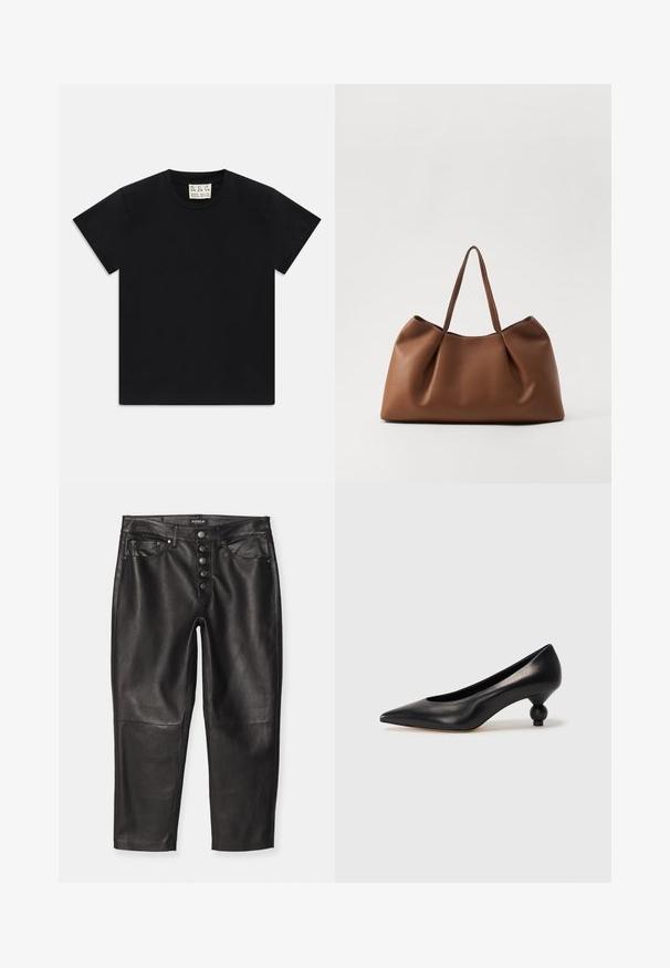 T-shirt noir à manches courtes avec col rond, portant une étiquette blanche à l'intérieur du col étiquetée "D.R.C. EST. 2002" sur fond blanc.; Dondup KOONS BUTTON - Pantalon en cuir - black; Chaussure à talon haut en cuir noir avec un bout pointu et un talon arrondi. Texture lisse avec un design épuré et minimal.; Sac fourre-tout en cuir marron au design doux et courbé, avec une texture plissée et deux poignées robustes. Accents de couture minimalistes.